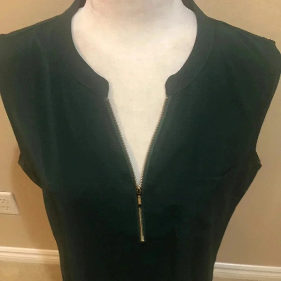 Timeson Dark Green Sleeveless Blouse with Gold Zipper Front Round Hem-L - Picture 6 of 8